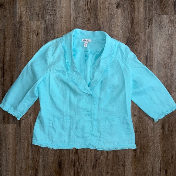 Kim Rogers • Linen Ruffle Trim 3/4 Sleeve Blazer Jacket - Picture 2 of 9